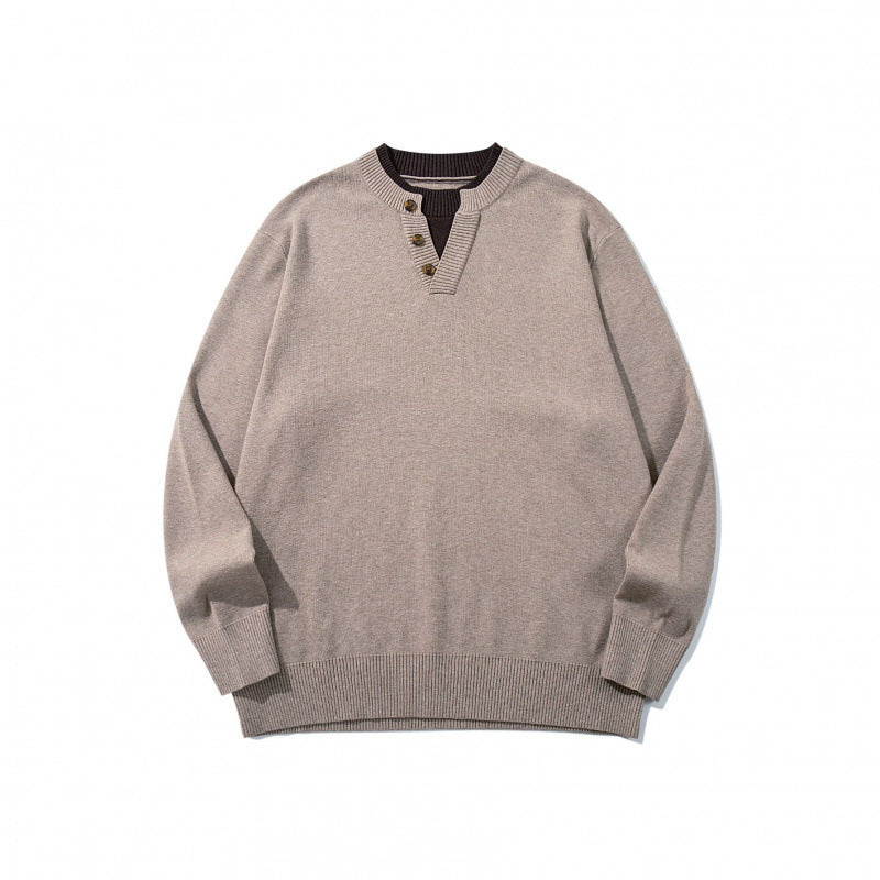 Unisex Strickpullover mit Henley-Knopfleiste, Kontrastkragen und Boxy‑Schnitt Shop Nory