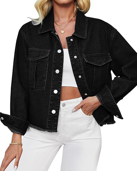 Damen Kurz geschnittene Oversize-Jeansjacke mit rohem Saum und aufgesetzten Brusttaschen Shop Nory