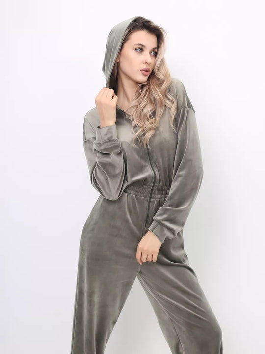 Damen Velours Jumpsuit mit Kapuze, Reißverschluss und tailliertem Gummibund Shop Nory