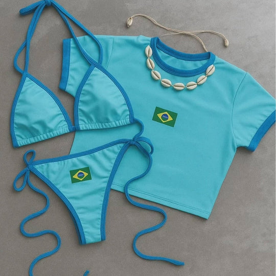 Damen Bikini-Set mit sportlichem Crop-Top und trendigem Brasilien-Flaggen-Design Shopnory