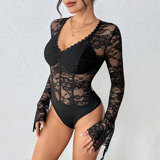 Damen Spitzen-Corsagen-Body mit geformten Cups und Trompetenärmeln Shop Nory