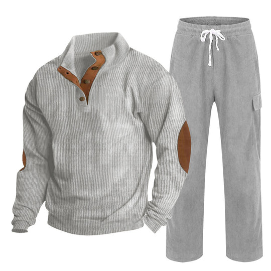 Herren Gemütliches Freizeit-Set aus Waffelstrick-Henley mit Ellenbogenpatch und Relax-Cargo-Hose Shop Nory