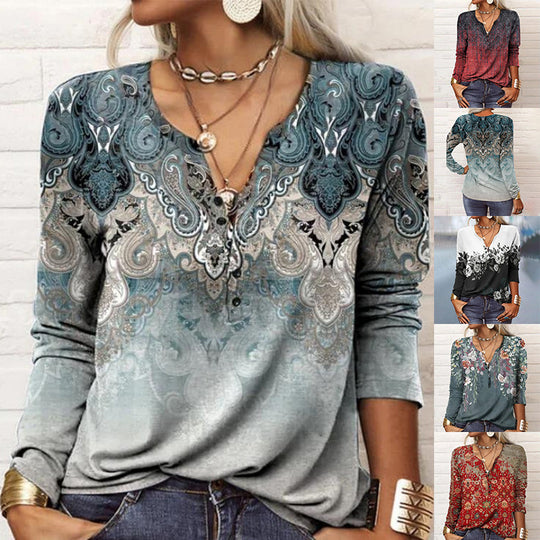 Damen Lockeres Langarm‑Henleyshirt mit V‑Ausschnitt, Knopfleiste und Ombre‑Print Shop Nory