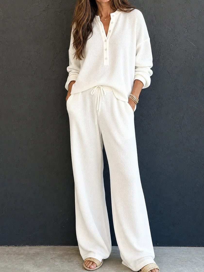 Damen Waffelstrick-Loungewear-Set mit Henley-Oberteil und weiter Kordelbundhose Shop Nory
