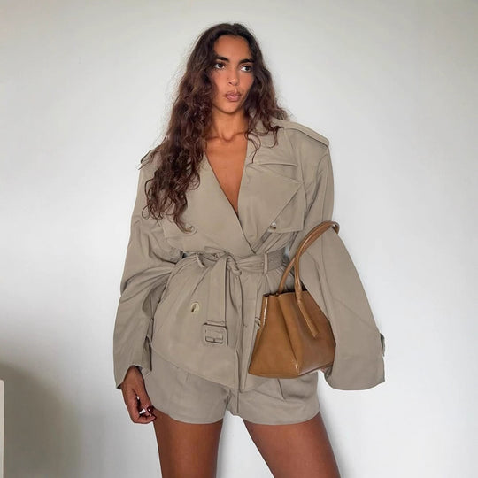 Damen Kurzjacke im Trench-Stil mit taillierendem Bindegürtel und weitem Ärmel Shop Nory