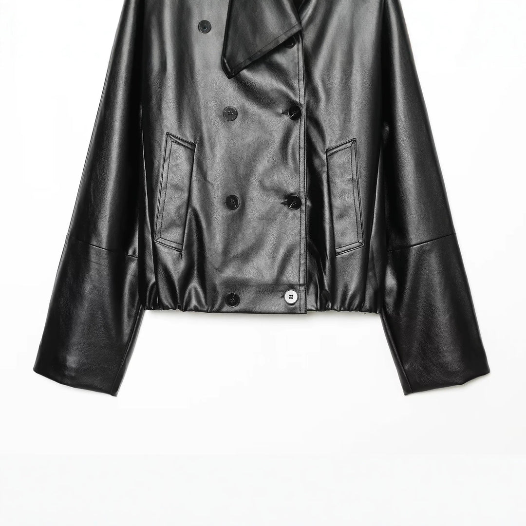 Damen Cropped Kunstlederjacke mit weitem Funnelkragen und doppelreihiger Knopfleiste Shop Nory