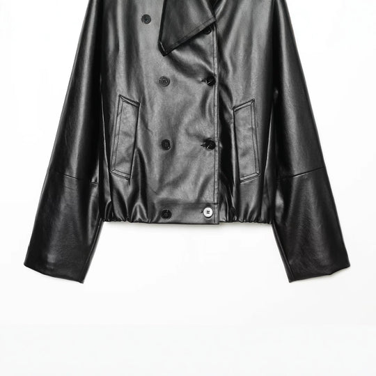 Damen Cropped Kunstlederjacke mit weitem Funnelkragen und doppelreihiger Knopfleiste Shop Nory
