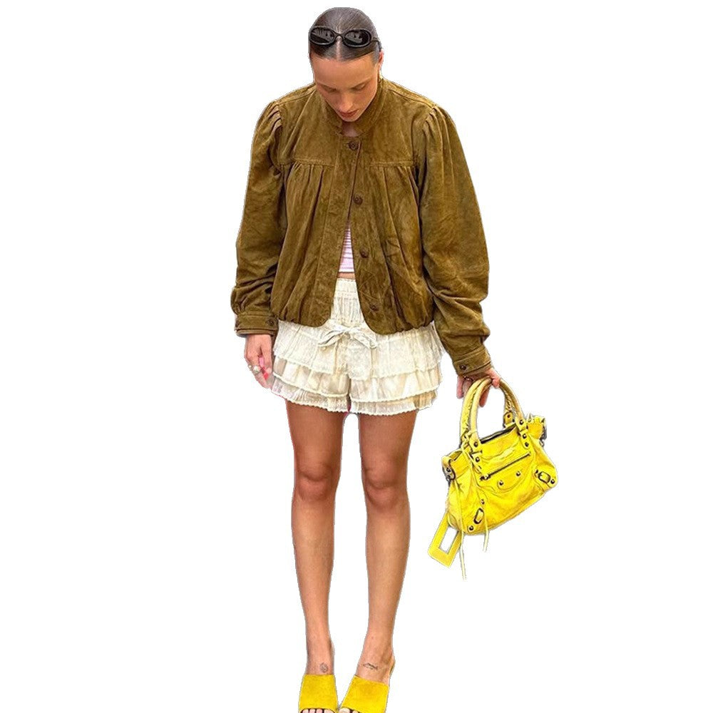 Damen Kurze Velourslederjacke mit Faltenlegung, Puffärmeln & Knopfleiste Shop Nory