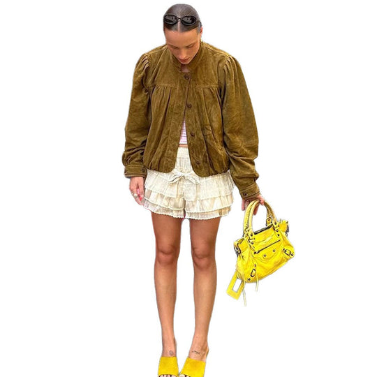 Damen Kurze Velourslederjacke mit Faltenlegung, Puffärmeln & Knopfleiste Shop Nory
