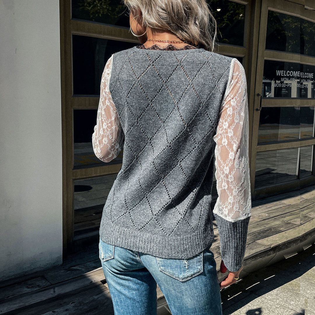 Damen Lässiger Feinstrickpullover mit Ajour‑Rautenmuster, transparenten Spitzenärmeln und gerippten Bündchen Shop Nory