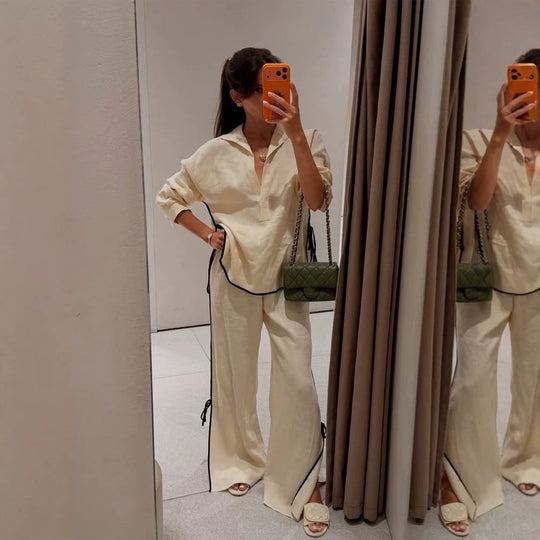 Damen Leichtes Leinen-Loungewear-Set mit weitem Bein, Hemdkragen & Kontrastpaspel Shop Nory