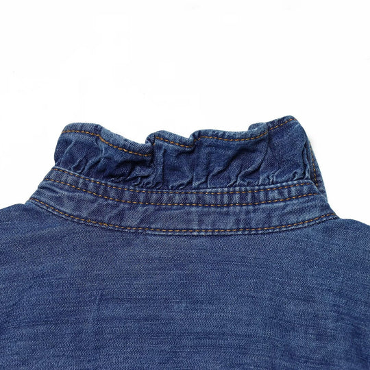 Damen Denim-Bluse mit Rüschenknopfleiste und Stehkragen Shop Nory