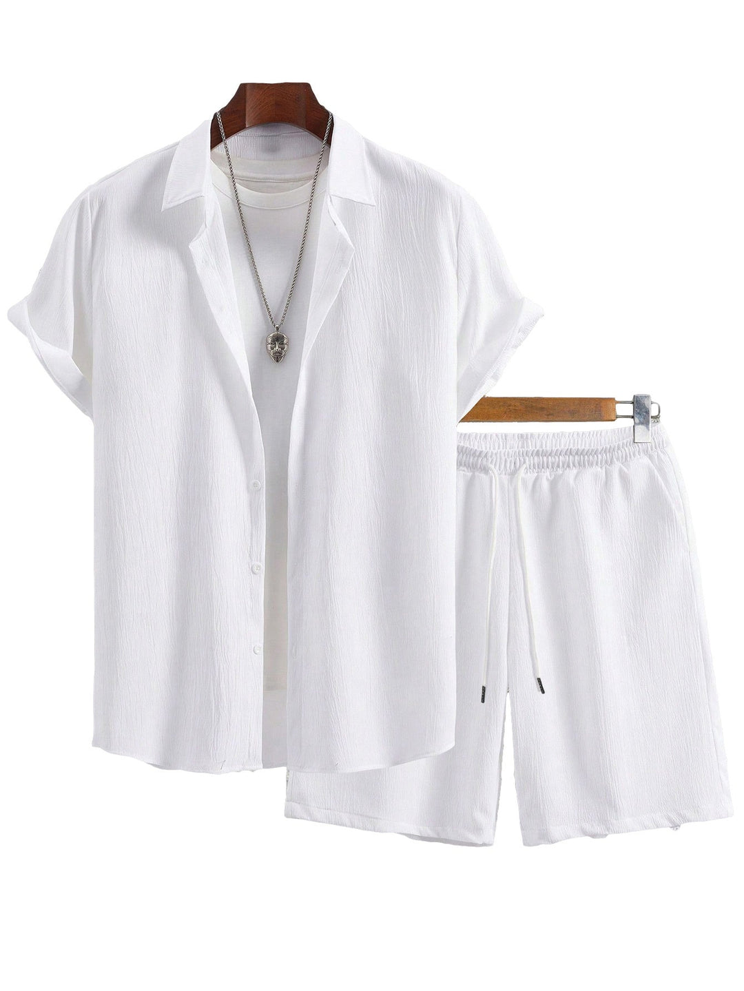 Herren nan Crinkle-Lounge-Set mit offenem Revershemd, integriertem Kurzarm-T-Shirt und Kordel-Bermuda Shopnory