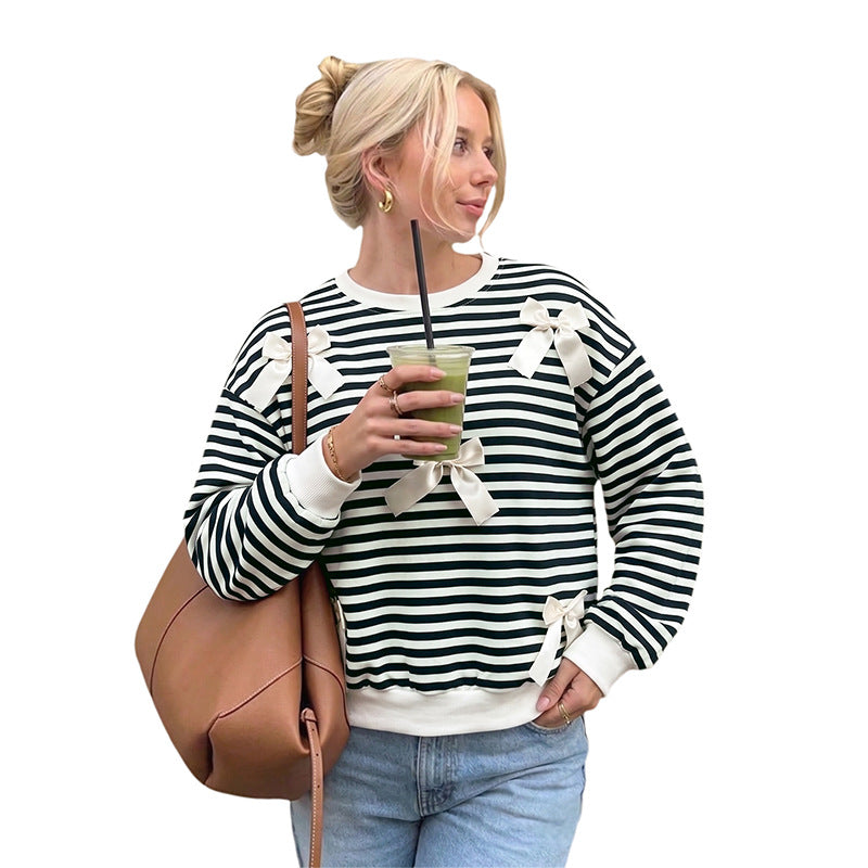 Damen Oversize Baumwoll-Sweatshirt mit maritimen Streifen und Zier-Schleifen Shop Nory