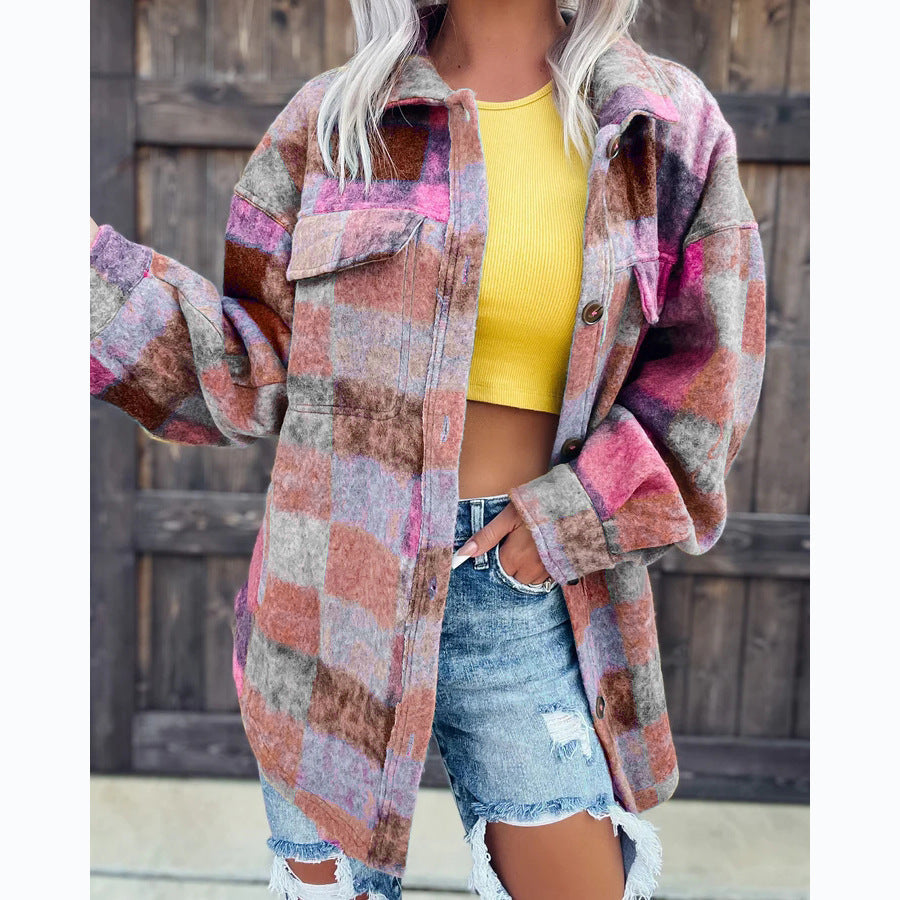 Damen Karo Oversize-Hemdjacke aus weichem Wollmaterial mit praktischen Taschen Shopnory