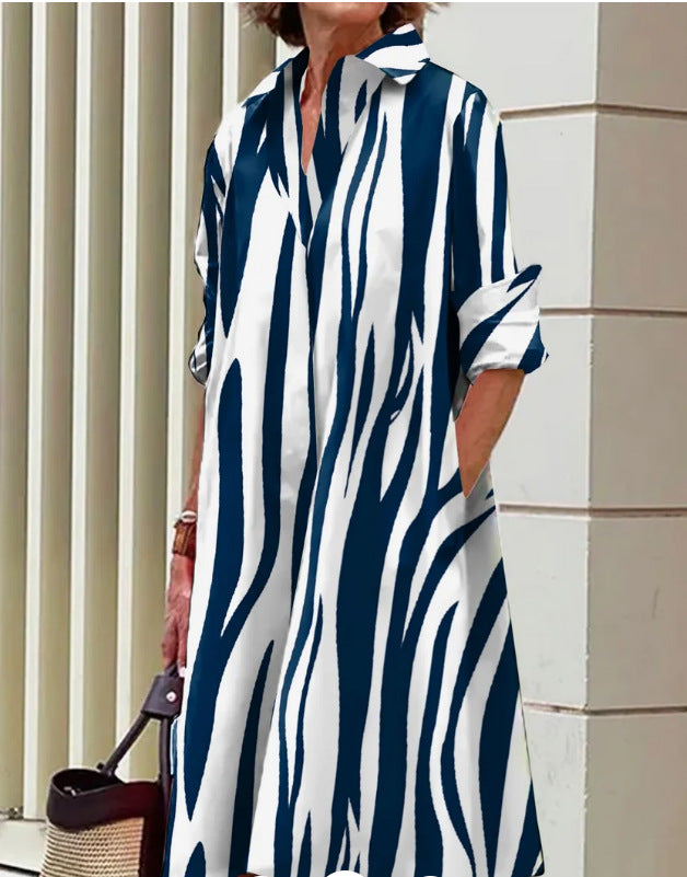 Damen Lockeres Hemdblusenkleid aus Satinoptik mit barockem Ketten‑Print und 3/4‑Ärmeln Shop Nory