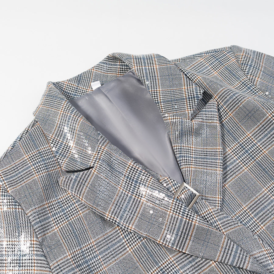 Damen Oversize Glencheck-Blazer mit einreihiger Knopfleiste, Pattentaschen und dezentem Paillettenbesatz Shop Nory