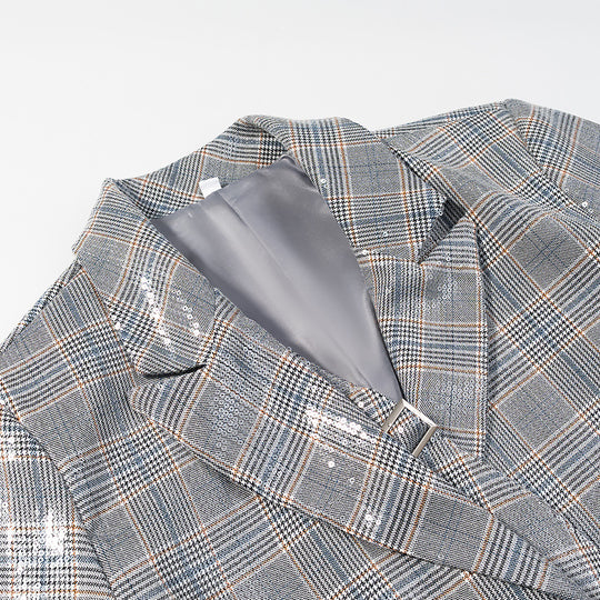 Damen Oversize Glencheck-Blazer mit einreihiger Knopfleiste, Pattentaschen und dezentem Paillettenbesatz Shop Nory