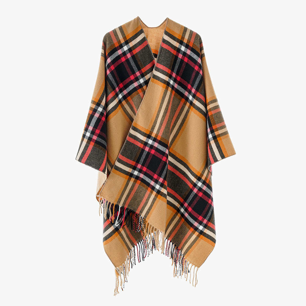 Damen Karierter Oversize-Überwurfponcho mit V-Ausschnitt und Fransensaum Shop Nory