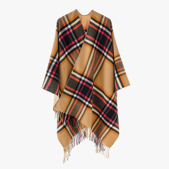 Damen Karierter Oversize-Überwurfponcho mit V-Ausschnitt und Fransensaum Shop Nory