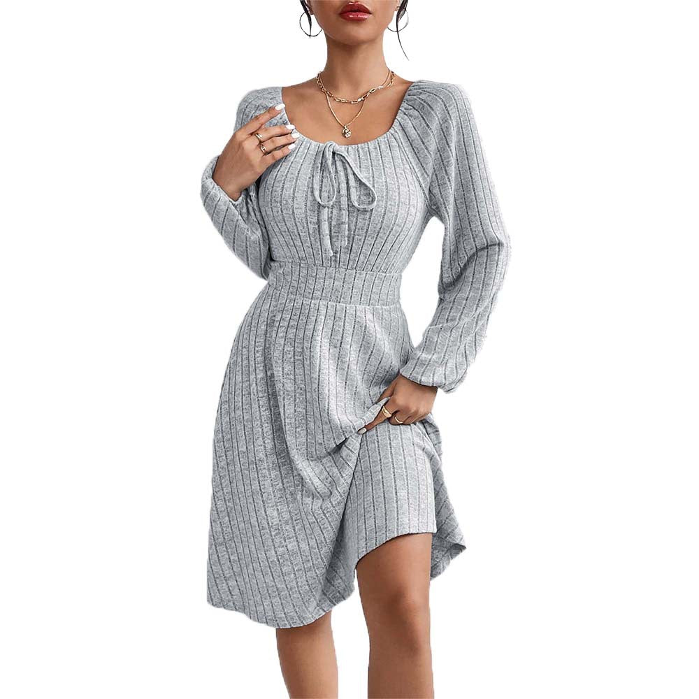 Damen geripptes Strickkleid mit taillierter Korsagenoptik, U-Boot Ausschnitt und A-Linien Rock Shop Nory