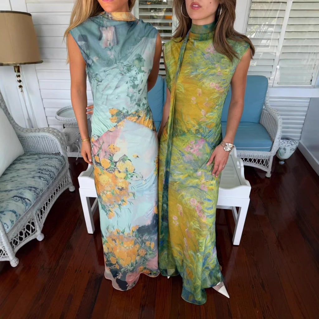 Damen Langes Kleid mit floralem Design und hochgeschlossenem Kragen Shopnory