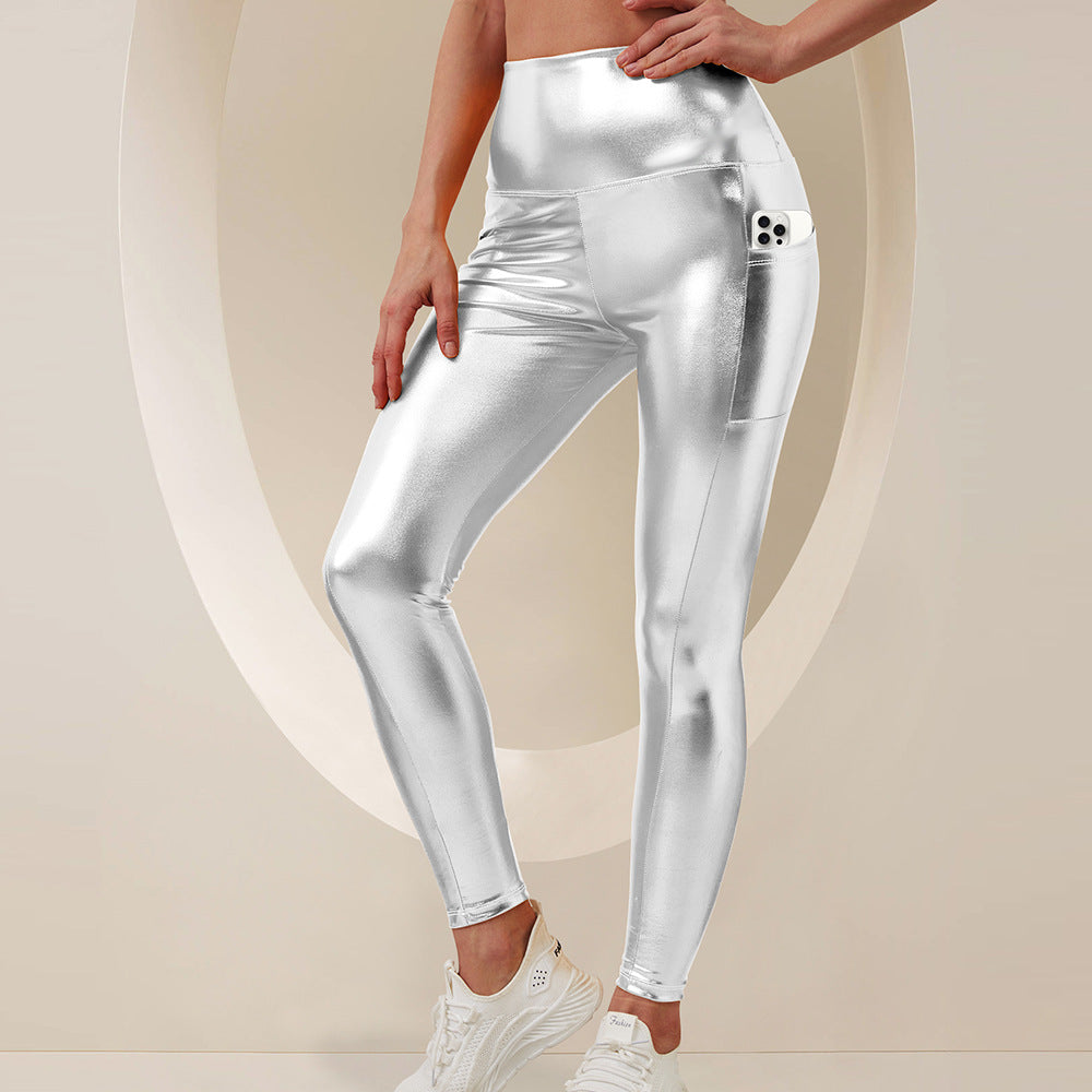 Damen Glänzende High-Waist Sculpting-Leggings mit seitlicher Multifunktions-Tasche Shopy Nory