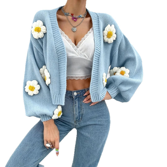 Damen Kurzgeschnittener Grobstrick-Cardigan mit 3D-Blütenapplikationen Shop Nory