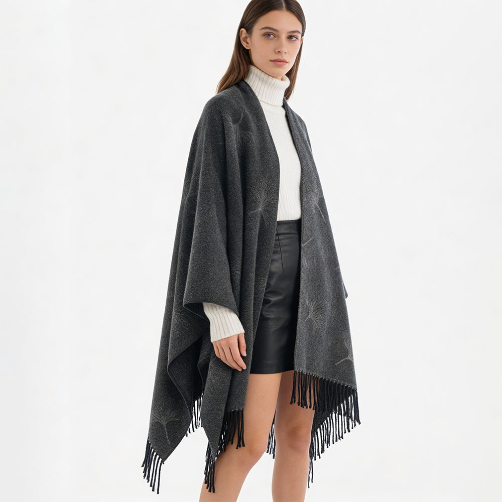 Damen Wollmix-Poncho Überwurf mit Pusteblumen-Jacquard und Fransensaum Shop Nory