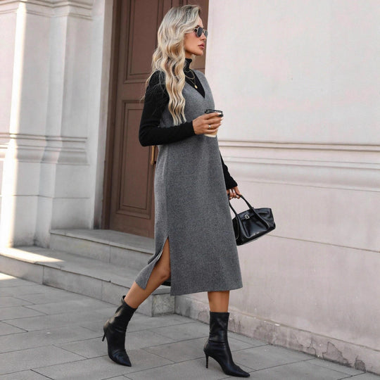 Damen Ärmelloses Wollmix-Midikleid mit tiefem V‑Ausschnitt und geradem Schnitt Shop Nory