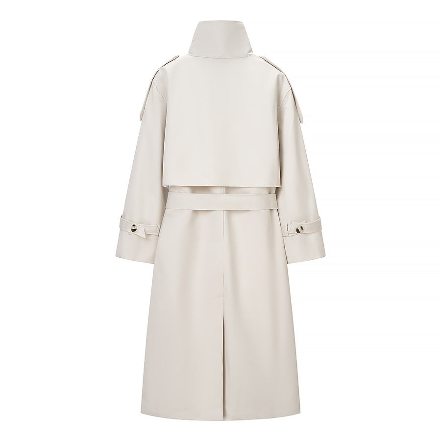 Damen Langer doppeltgereihter Trenchcoat mit hohem Stehkragen und Taillengürtel Shop Nory