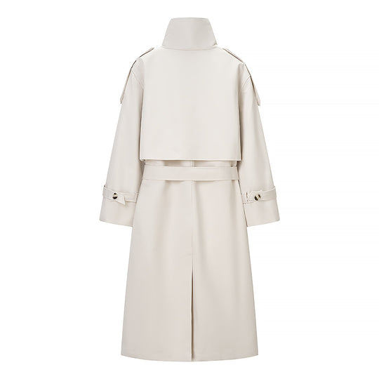 Damen Langer doppeltgereihter Trenchcoat mit hohem Stehkragen und Taillengürtel Shop Nory