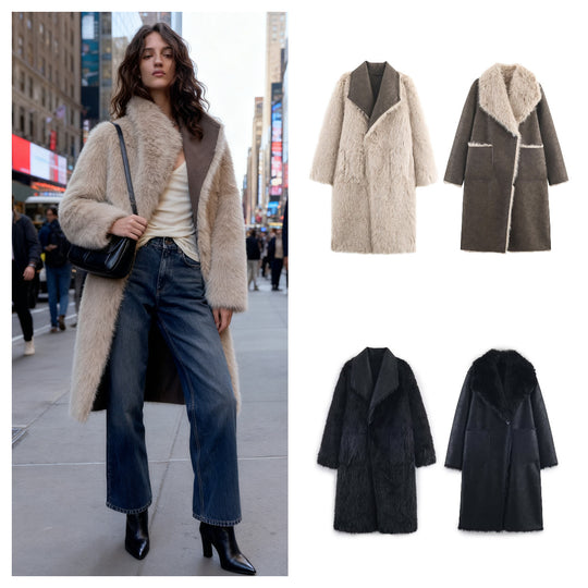 Damen Langer Wendbarer Kunstfell-Mantel mit Oversized-Schalkragen und aufgesetzten Taschen Shop Nory