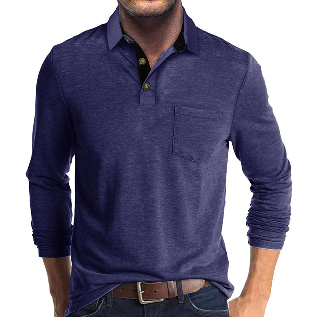 Herren langärmliges Polohemd mit Brusttasche, Kontrastknopfleiste und legerer Stretch-Passform Shop Nory