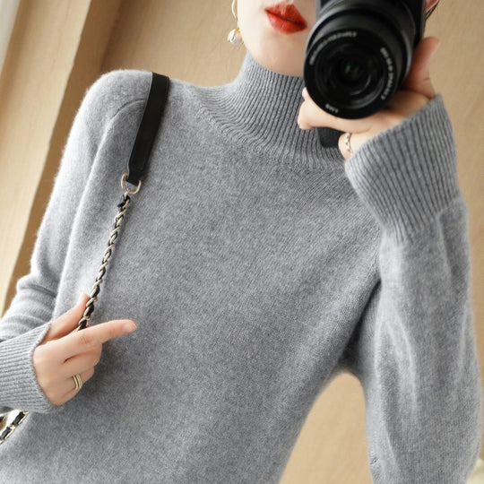 Damen Luxus-Feinstrick-Rollkragenpullover mit Daumenlochbündchen und femininer Schulterpasse Shop Nory
