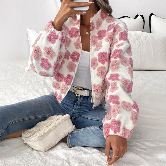 Damen Kuschelige Fleecejacke mit floralem Design