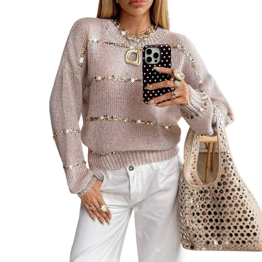 Damen Grobstrick-Pullover mit Paillettenstreifen, Oversize-Schnitt & Rundhalsausschnitt Shop Nory
