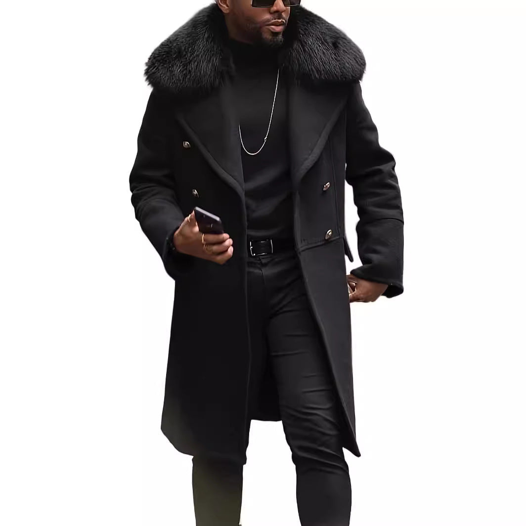 Herren Langer Doppelreihiger Mantel mit voluminösem Teddykragen und eleganten Metallknöpfen Shop Nory