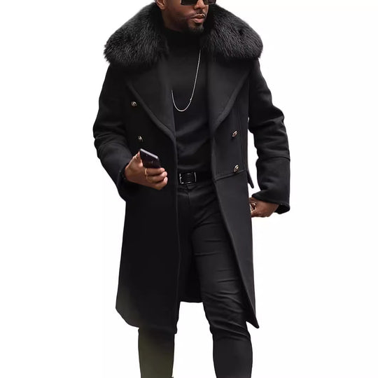 Herren Langer Doppelreihiger Mantel mit voluminösem Teddykragen und eleganten Metallknöpfen Shop Nory