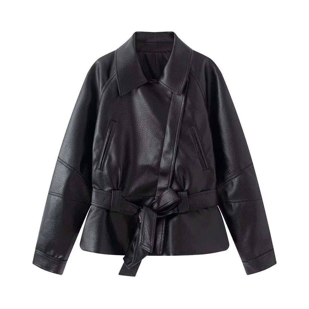 Damen Kurzjacke aus Kunstleder mit Taillengürtel und Hemdkragen Shop Nory