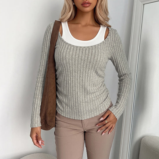 Damen Bequemer Rippenpullover mit V-Ausschnitt Shop Nory