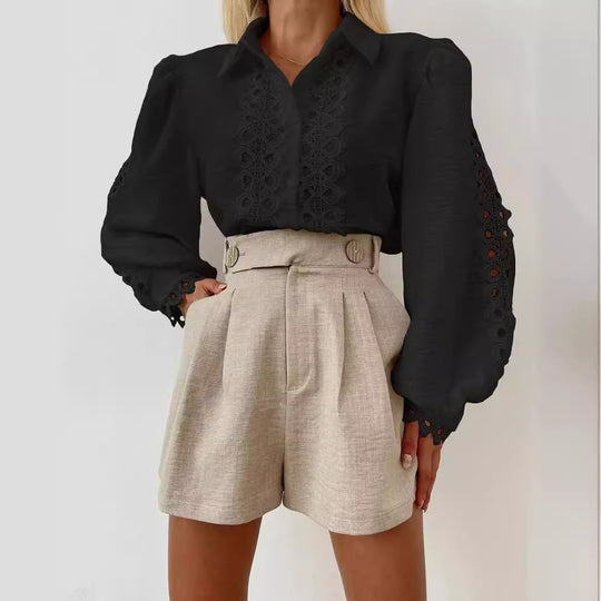 Damen Gestickte Leinenbluse mit Lochspitze, Ballonärmeln und Hemdkragen Shop Nory