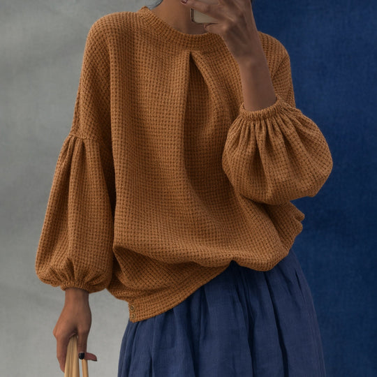 Damen Oversize Waffelstrickpullover mit Ballonärmeln und Kellerfalte Shop Nory