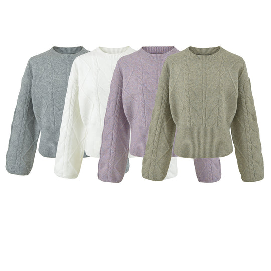 Damen Kurzer Zopfmuster-Strickpullover mit tailliertem Rippbündchen Shop Nory