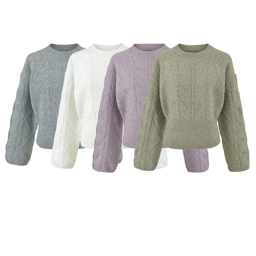 Damen Kurzer Zopfmuster-Strickpullover mit tailliertem Rippbündchen Shop Nory