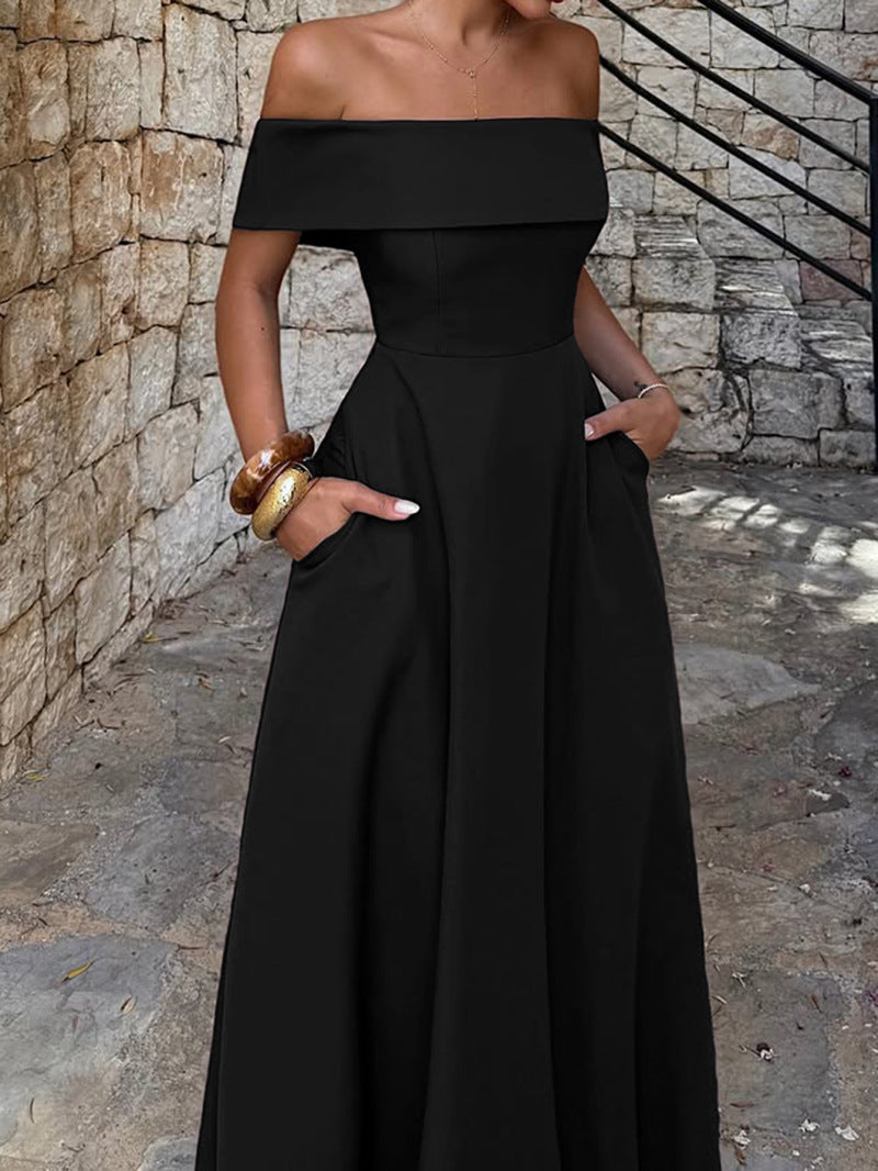 Damen Off-Shoulder Maxikleid mit Taschen und eleganter Silhouette Shopnory
