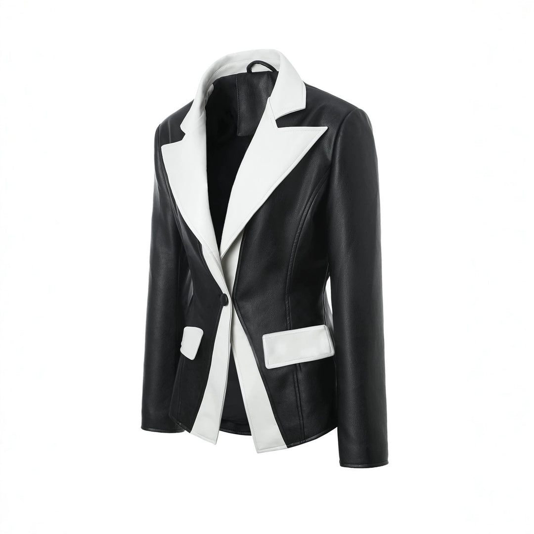 Damen Kontrastblazer aus Kunstleder mit spitzem Revers und taillierter Schnittführung Shop Nory