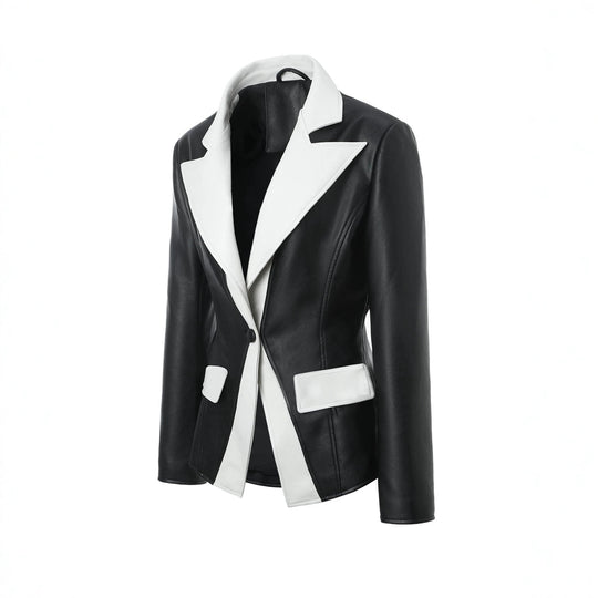 Damen Kontrastblazer aus Kunstleder mit spitzem Revers und taillierter Schnittführung Shop Nory