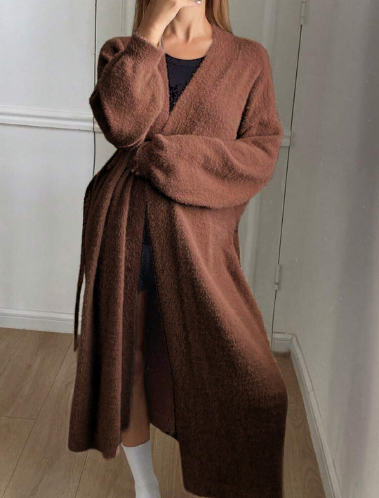 Damen Langer Wickel-Cardigan in Flausch-Optik mit Bindegürtel Shop Nory