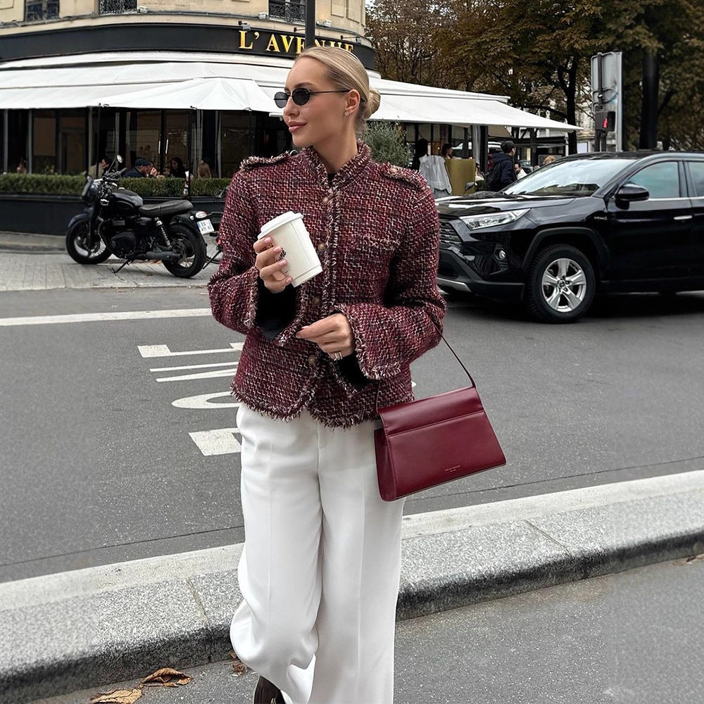 Damen Kurze Bouclé-Tweed-Jacke mit Fransenbesatz und Zierknöpfen Shop Nory
